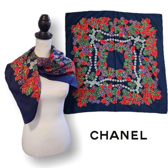 Chanel (Authentic) Multicolor Jewel & Floral Print Large Silk Scarf w/ Tag, EUC - Picture 1 of 8